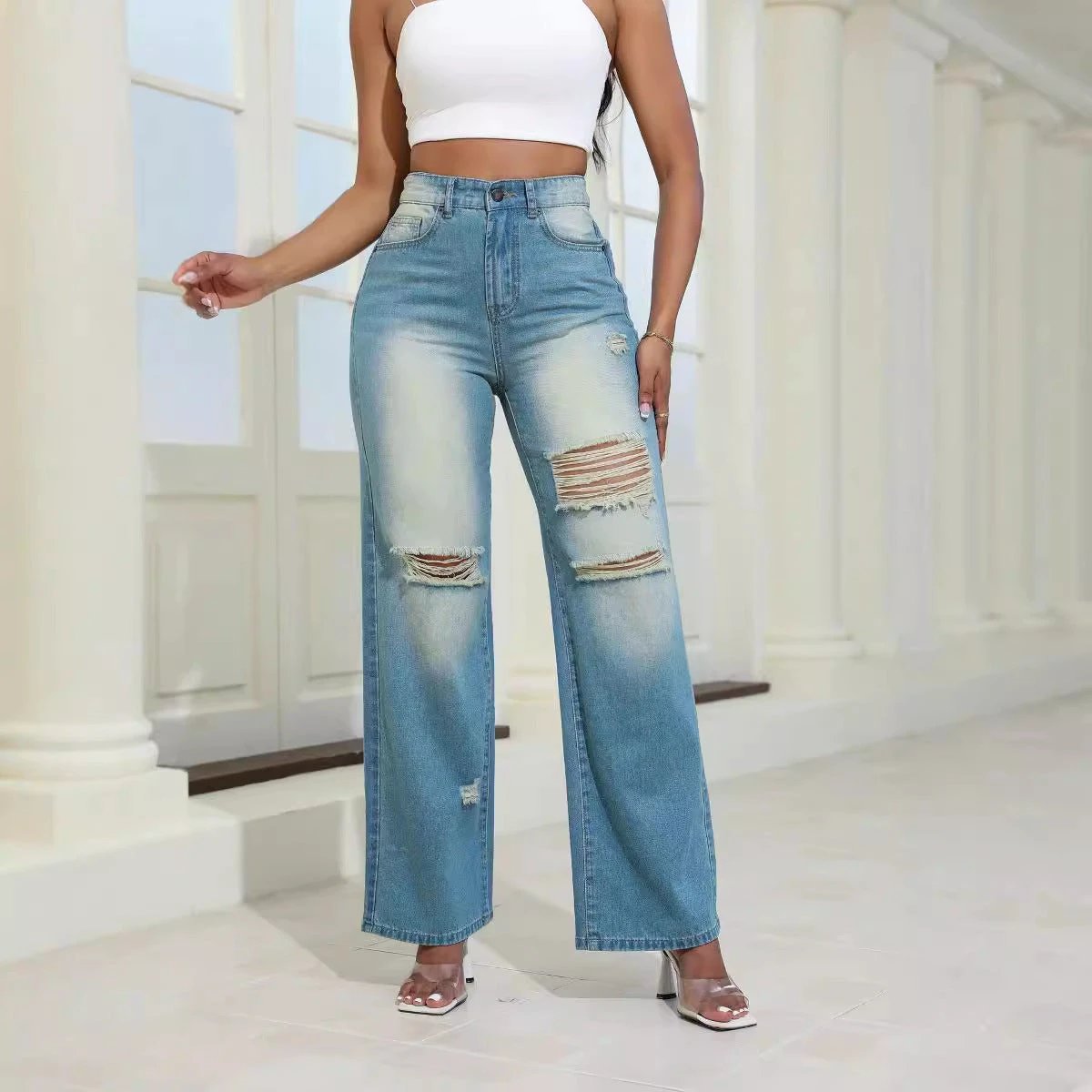 Jeans déchirés taille haute Mandotos - Coupe droite large