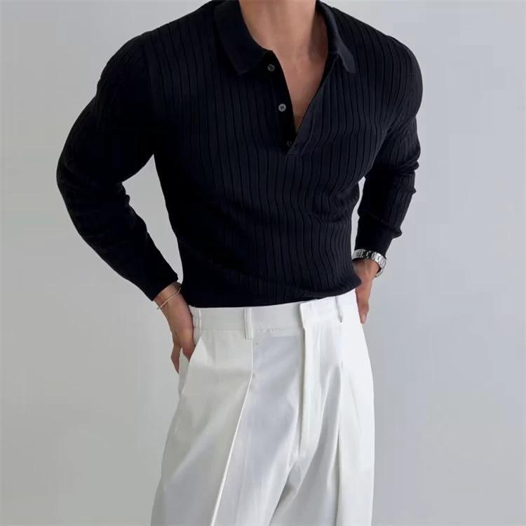 Camisa Polo de Manga Larga Ajustada para Hombre con Botón de Solapa