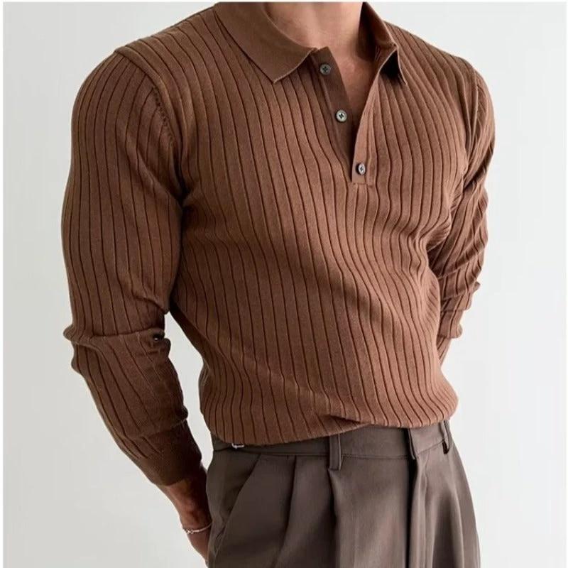 Camisa Polo de Manga Larga Ajustada para Hombre con Botón de Solapa