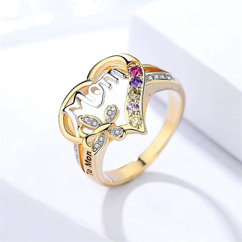 Anillo de Mariposa con Corazón Hueco Amor Mamá con Rhinestones
