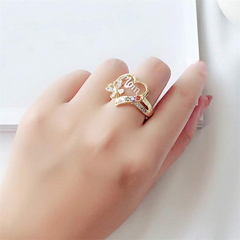 Anillo de Mariposa con Corazón Hueco Amor Mamá con Rhinestones