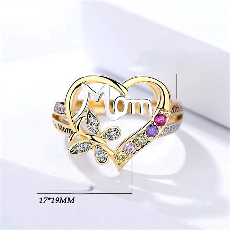 Anillo de Mariposa con Corazón Hueco Amor Mamá con Rhinestones