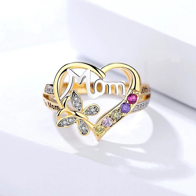 Anillo de Mariposa con Corazón Hueco Amor Mamá con Rhinestones