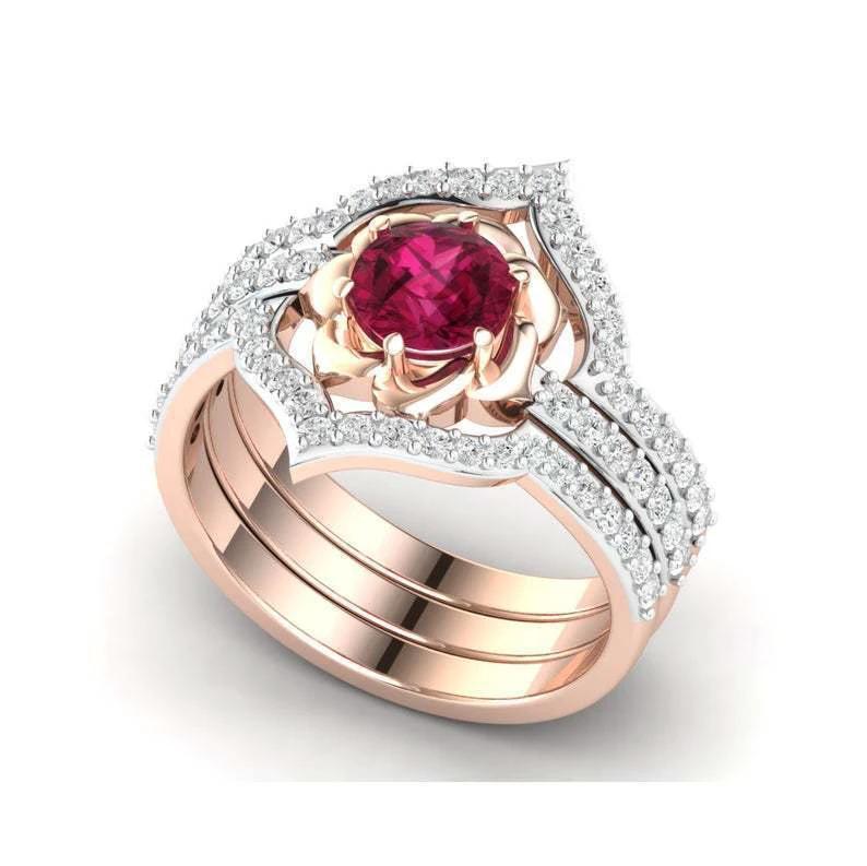 Rose Gold Flower Ring - Elegant Engagement and Wedding Band Set