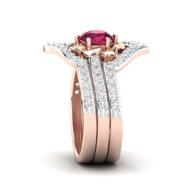 Rose Gold Flower Ring - Elegant Engagement and Wedding Band Set