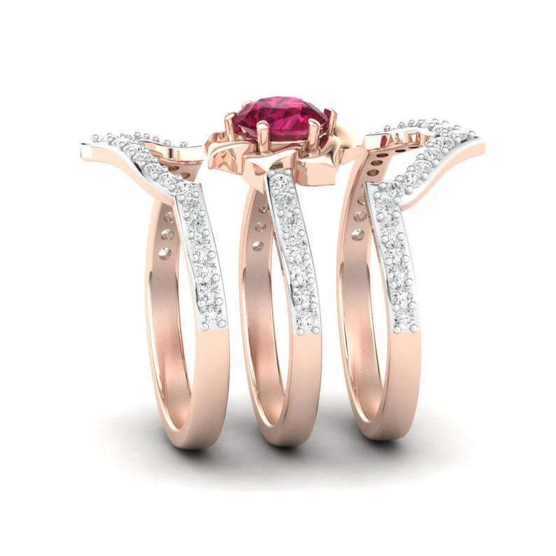Rose Gold Flower Ring - Elegant Engagement and Wedding Band Set