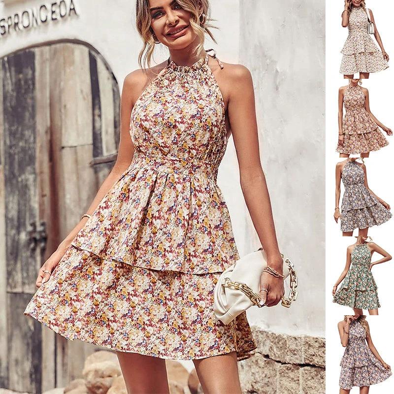 Summer Printed Halter Dress - Boho Backless A-Line
