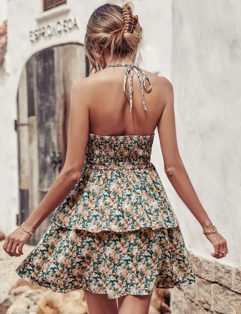 Summer Printed Halter Dress - Boho Backless A-Line