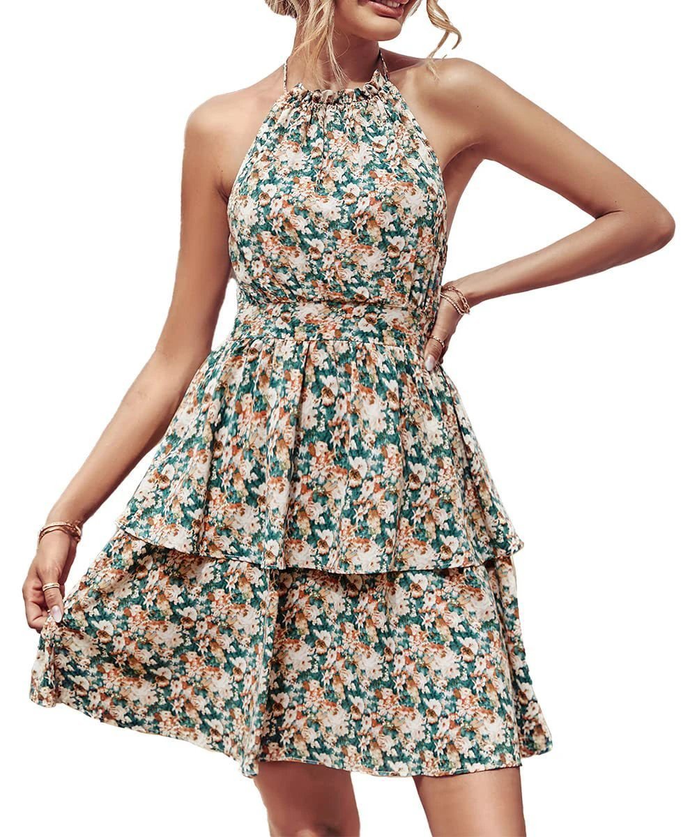Summer Printed Halter Dress - Boho Backless A-Line