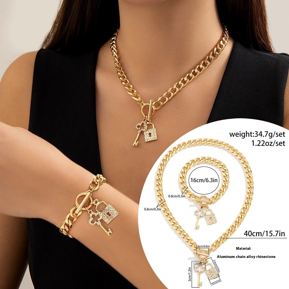 Thick Chain Lock and Key Pendant Necklace