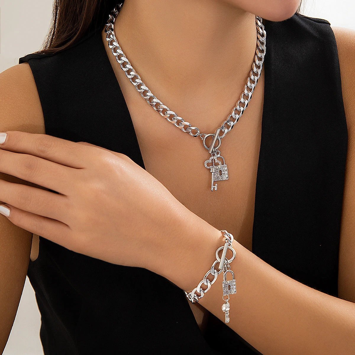 Thick Chain Lock and Key Pendant Necklace
