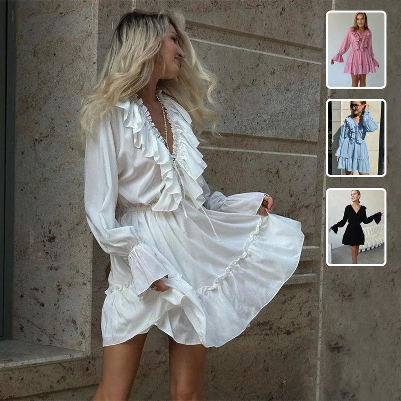Robe à volants plissés à col en V - Robe courte à manches évasées Y2K