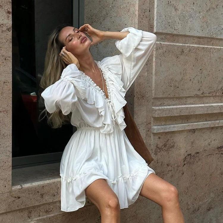 Robe à volants plissés à col en V - Robe courte à manches évasées Y2K
