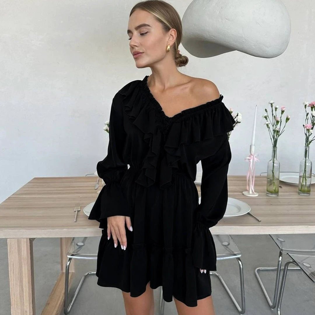 Robe à volants plissés à col en V - Robe courte à manches évasées Y2K