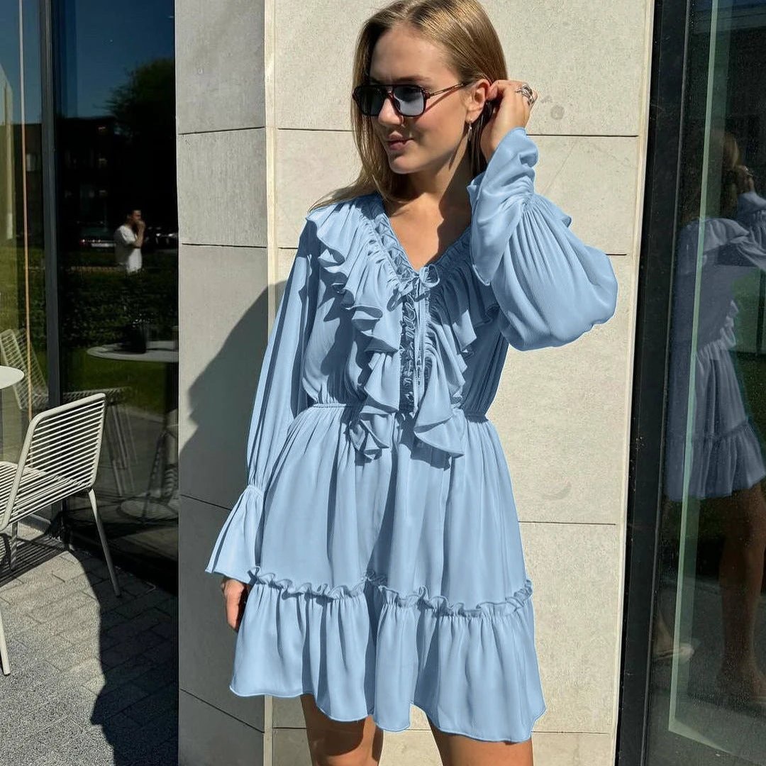 Robe à volants plissés à col en V - Robe courte à manches évasées Y2K