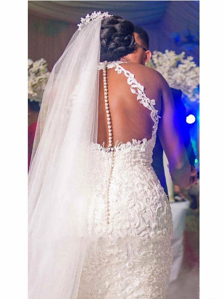 Vestido de Novia de Sirena de Encaje Vintage con Apliques de Perlas