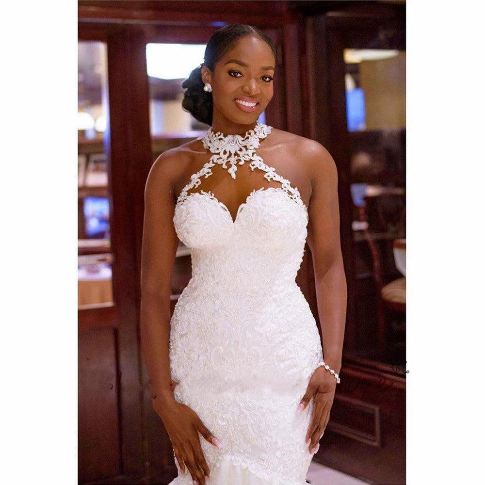 Vestido de Novia de Sirena de Encaje Vintage con Apliques de Perlas