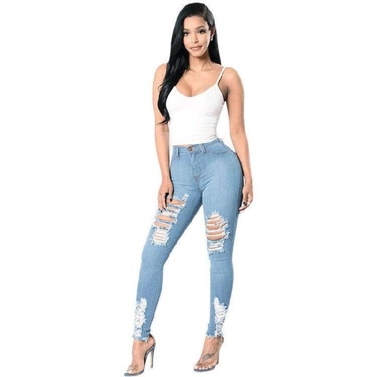 Pantalones Lápiz de Mezclilla con Diseño Rasgado para Mujeres