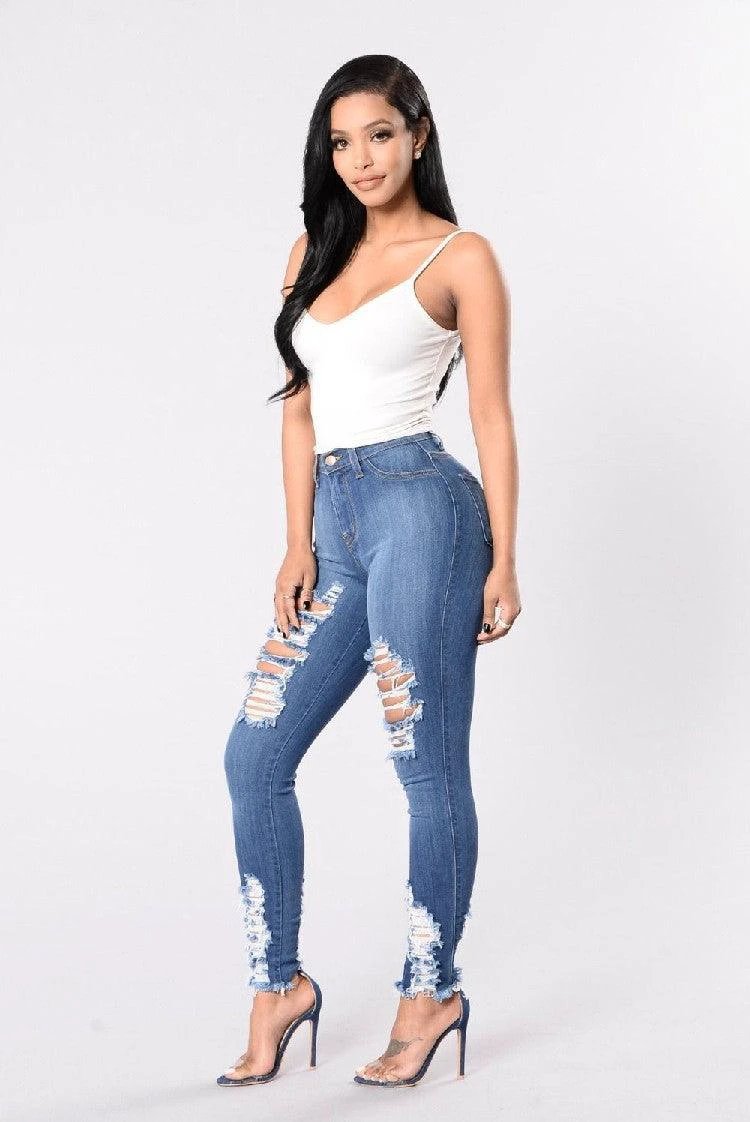 Pantalones Lápiz de Mezclilla con Diseño Rasgado para Mujeres