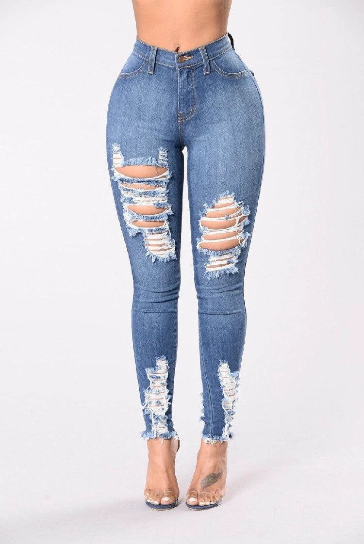 Pantalones Lápiz de Mezclilla con Diseño Rasgado para Mujeres