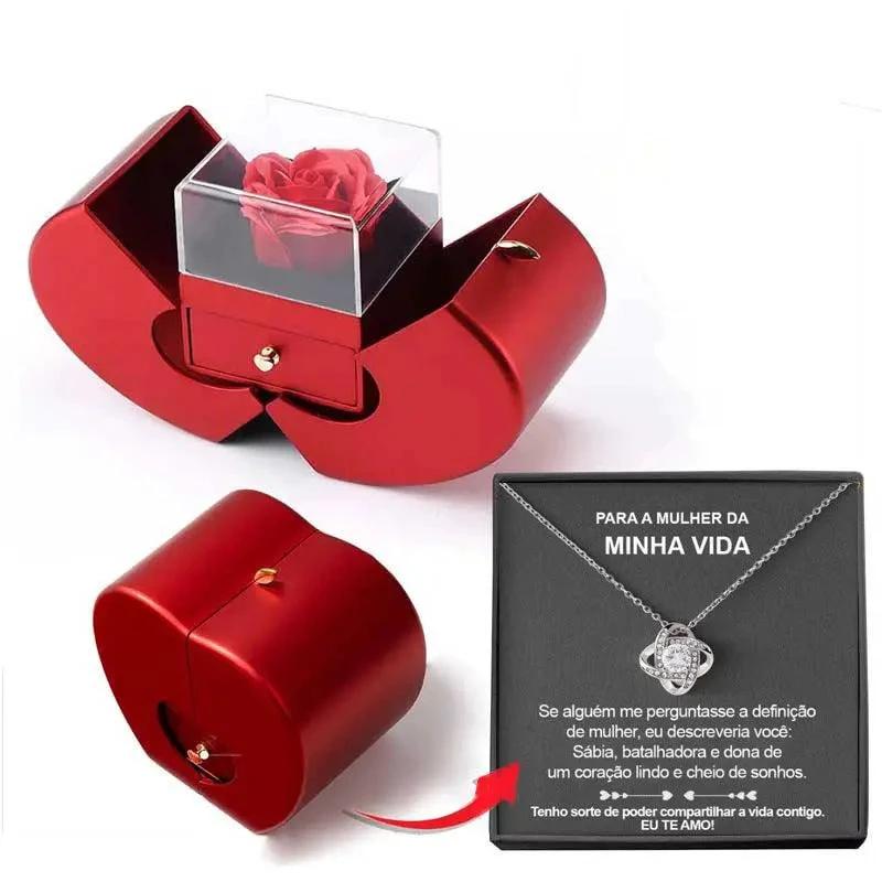 Collar de Rosa Eterna en Caja de Joyería en Forma de Manzana - Regalo Perfecto