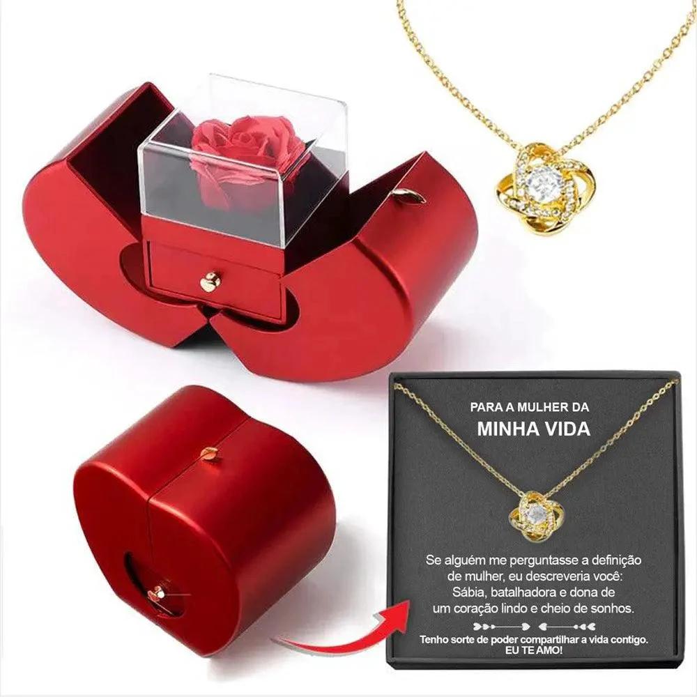 Collar de Rosa Eterna en Caja de Joyería en Forma de Manzana - Regalo Perfecto