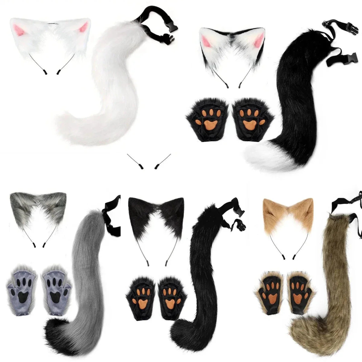 Ensemble de queue et d'oreilles de renard d'Halloween - Costume de cosplay avec gants de patte
