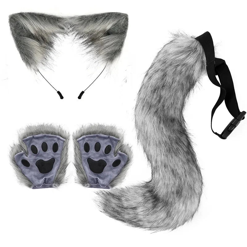 Ensemble de queue et d'oreilles de renard d'Halloween - Costume de cosplay avec gants de patte