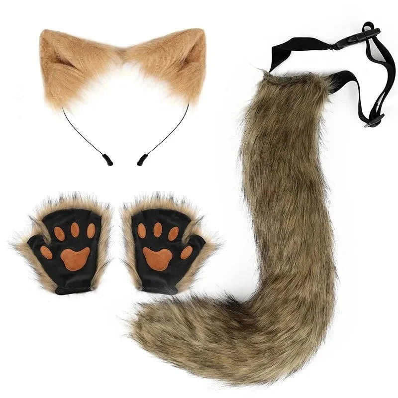 Ensemble de queue et d'oreilles de renard d'Halloween - Costume de cosplay avec gants de patte