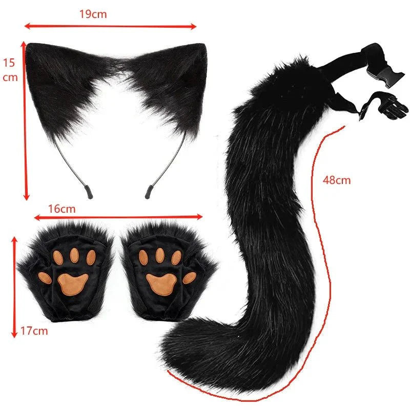Ensemble de queue et d'oreilles de renard d'Halloween - Costume de cosplay avec gants de patte
