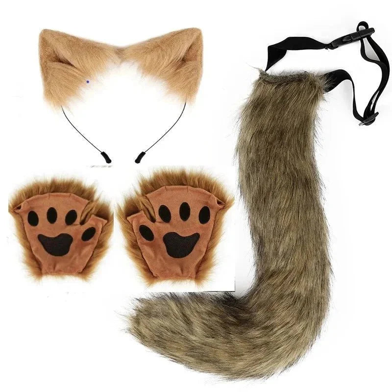 Ensemble de queue et d'oreilles de renard d'Halloween - Costume de cosplay avec gants de patte