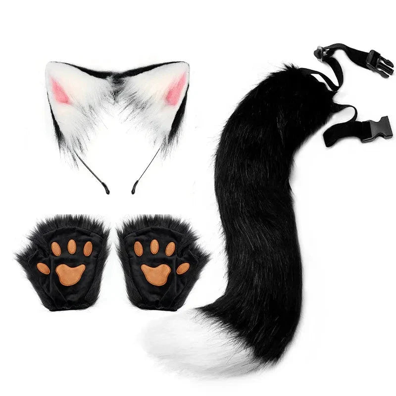 Ensemble de queue et d'oreilles de renard d'Halloween - Costume de cosplay avec gants de patte