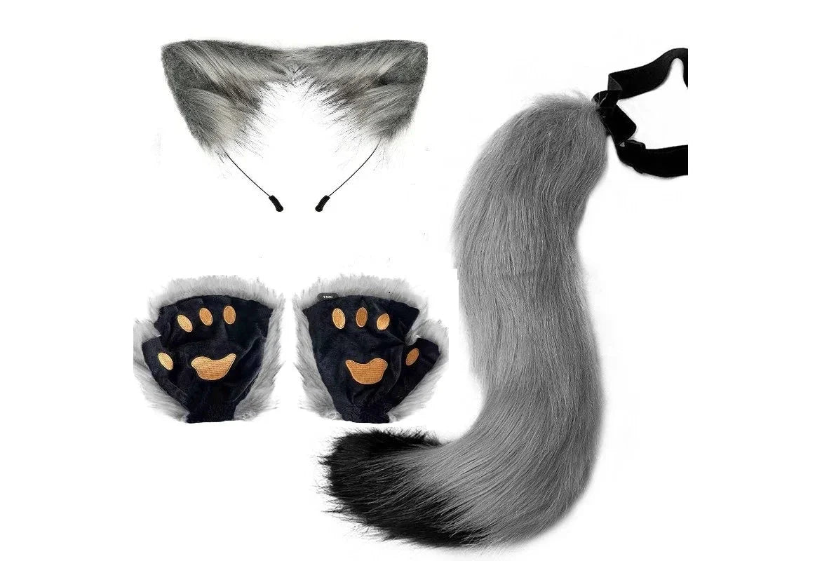 Ensemble de queue et d'oreilles de renard d'Halloween - Costume de cosplay avec gants de patte
