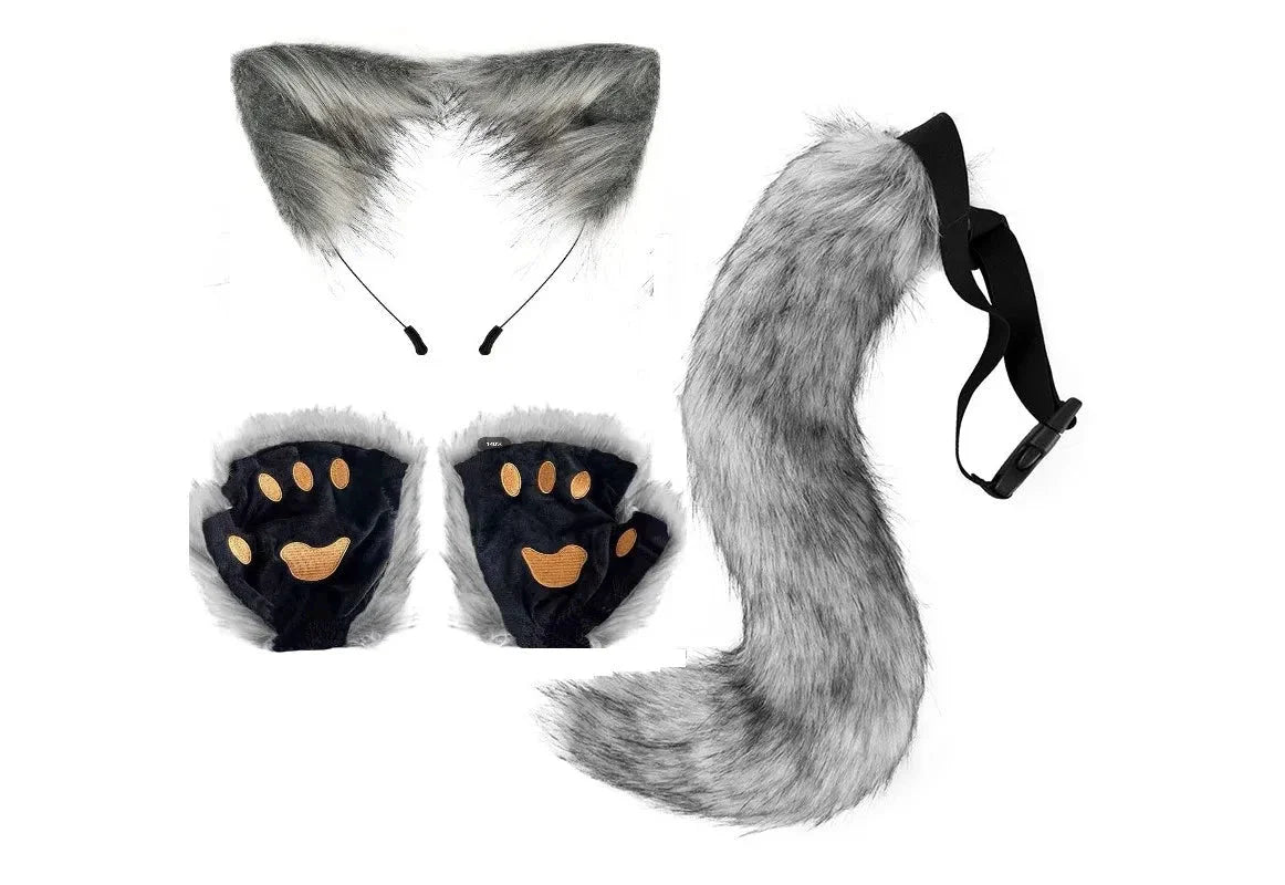 Ensemble de queue et d'oreilles de renard d'Halloween - Costume de cosplay avec gants de patte