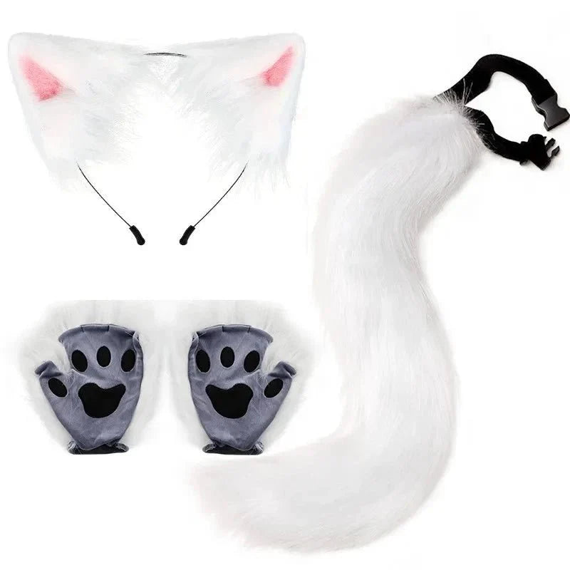 Ensemble de queue et d'oreilles de renard d'Halloween - Costume de cosplay avec gants de patte