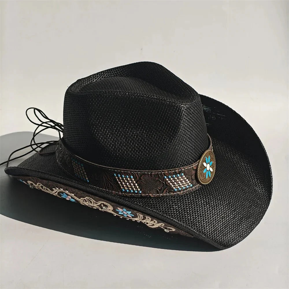 Chapeau de cowboy en paille brodé 2026 pour hommes et femmes