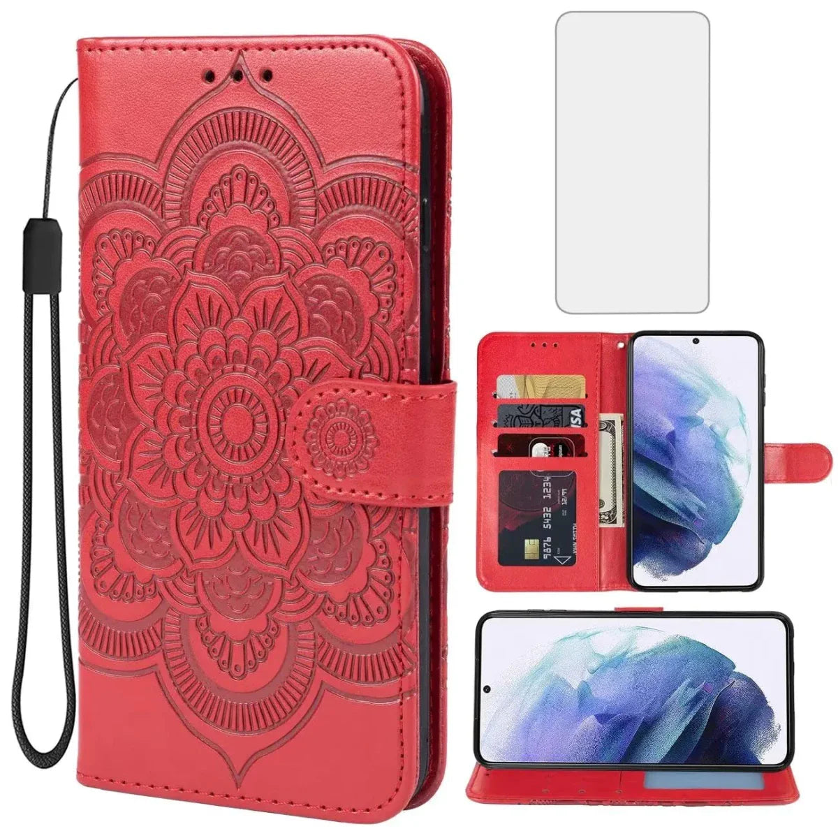 Étui portefeuille rouge Mandala pour Galaxy S21 avec protecteur d'écran