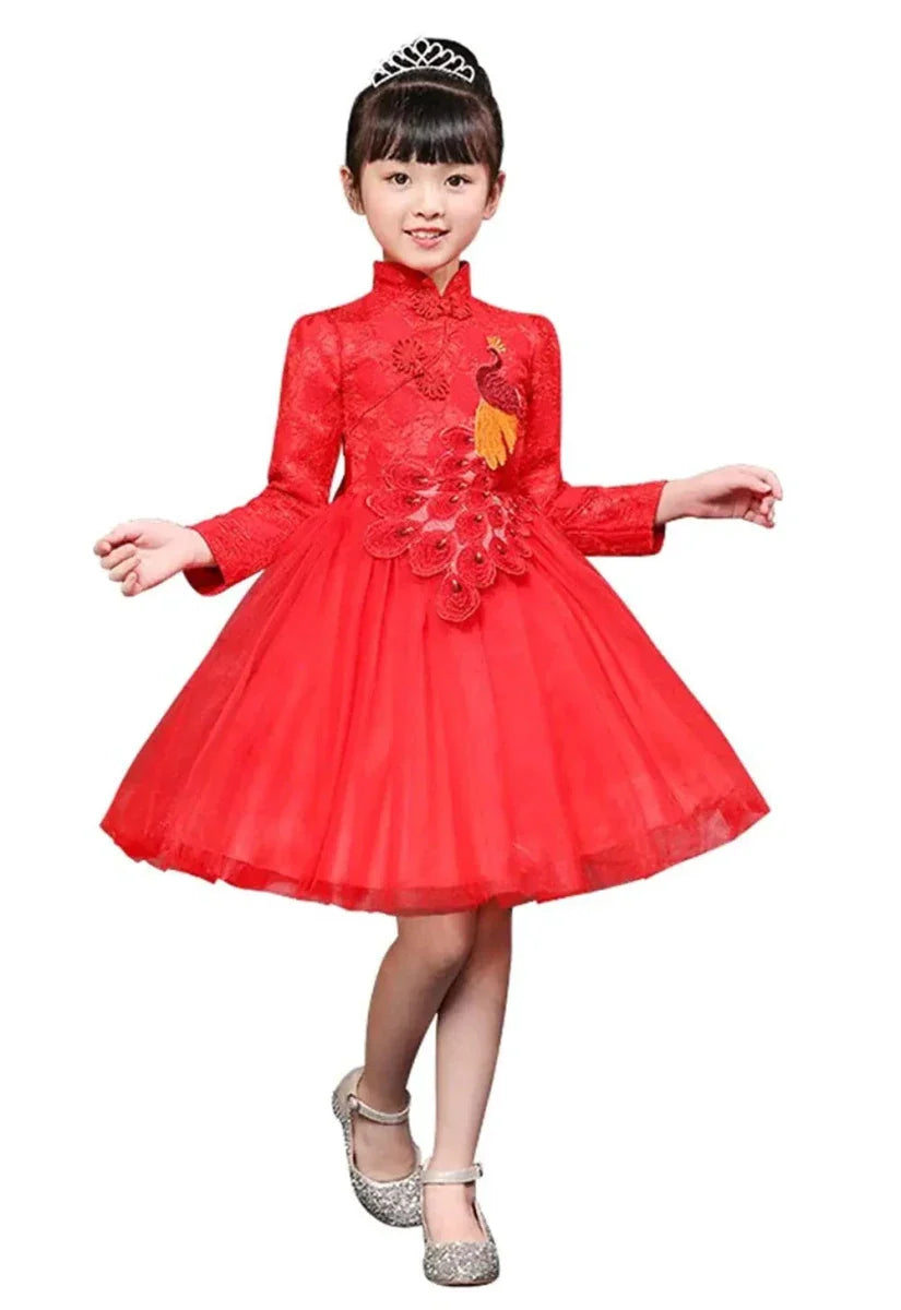 Vestido Cheongsam Bordado Princesa Pavo para Niñas de 3 a 10 Años