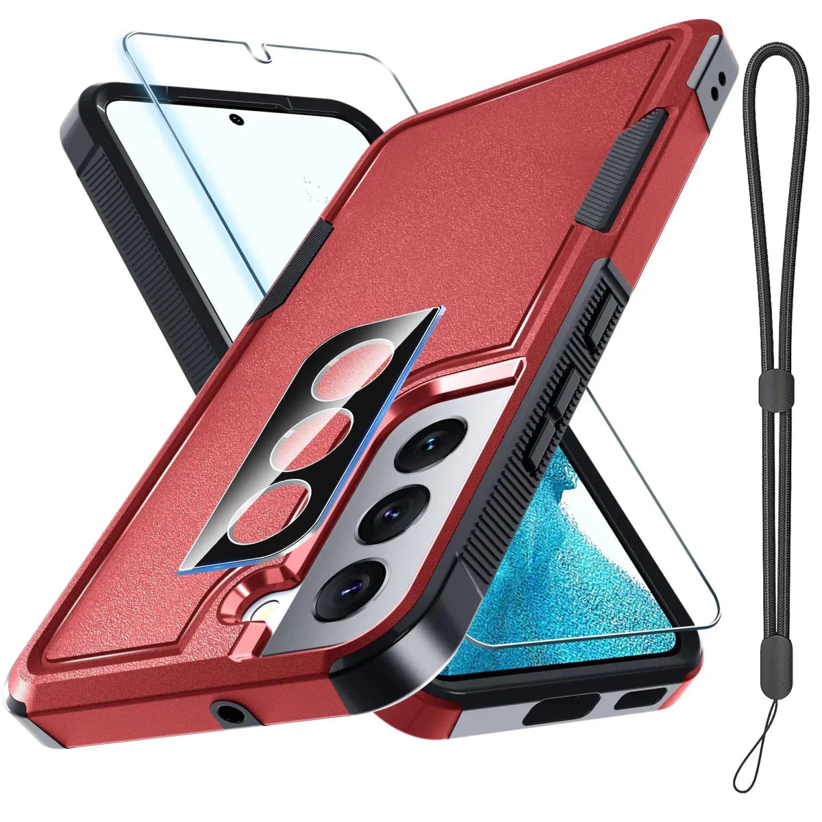 Funda resistente de cuerpo completo para Samsung Galaxy S22 con protector de pantalla y lente - Rojo