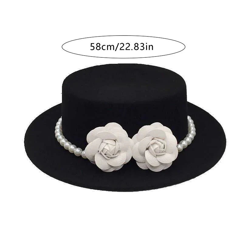 Women’s Pearl Flower Decor Wool Boater Hat - Classic Fedora Style