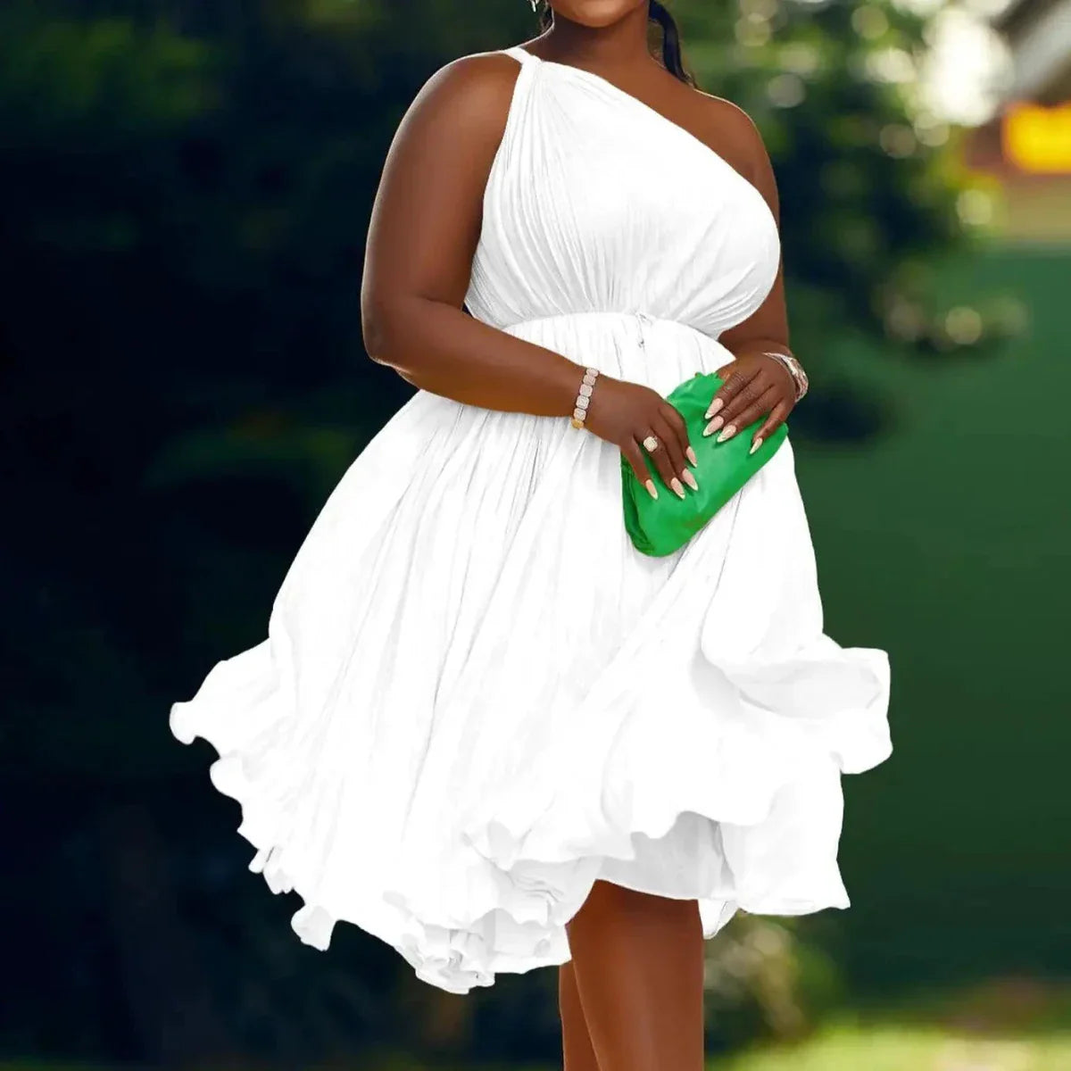 Luxe Couture Ruffle Midi Dress with Flowing Pleats