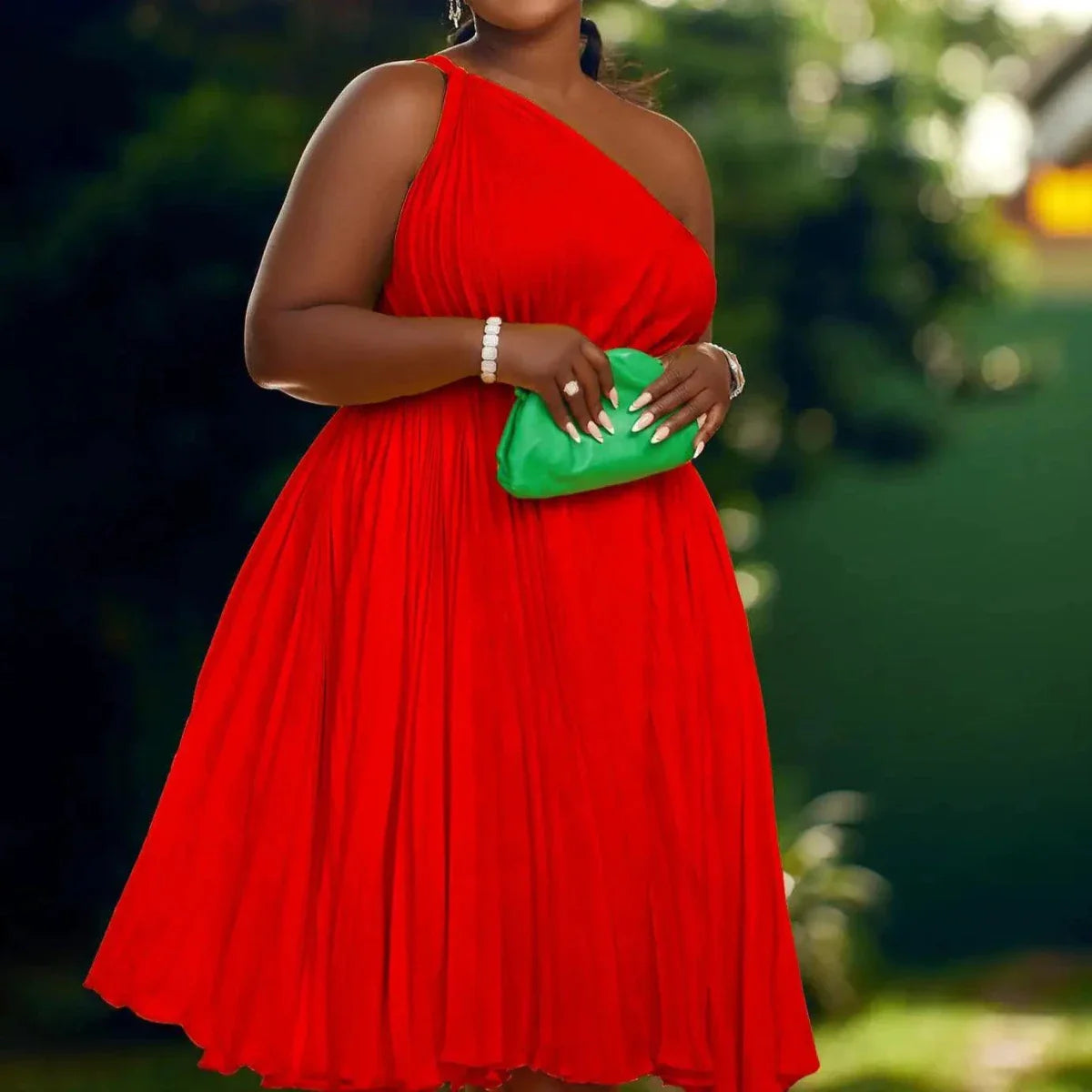 Luxe Couture Ruffle Midi Dress with Flowing Pleats