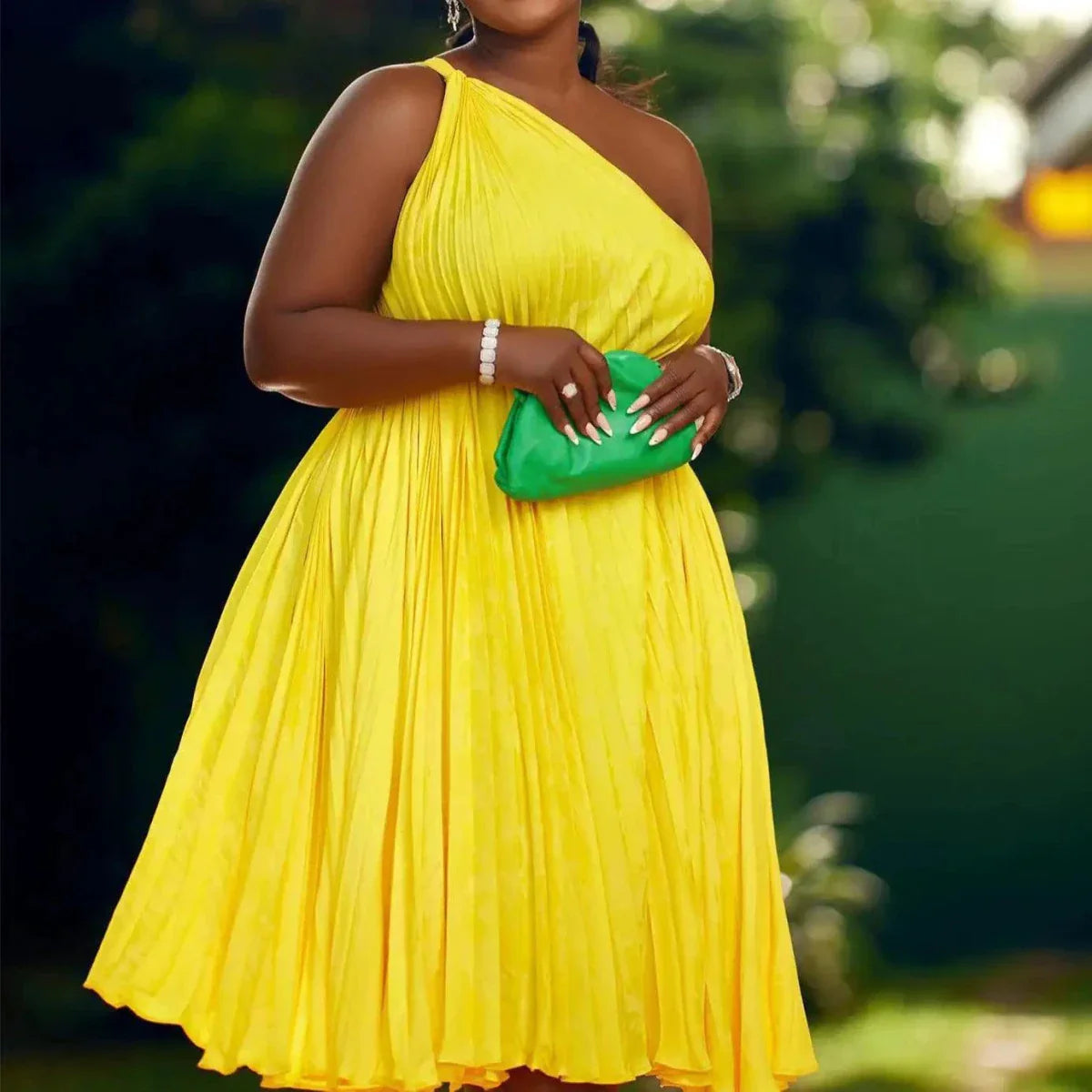 Luxe Couture Ruffle Midi Dress with Flowing Pleats