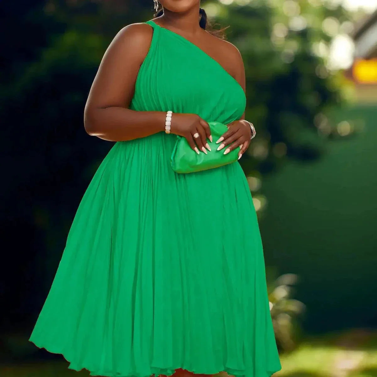 Luxe Couture Ruffle Midi Dress with Flowing Pleats