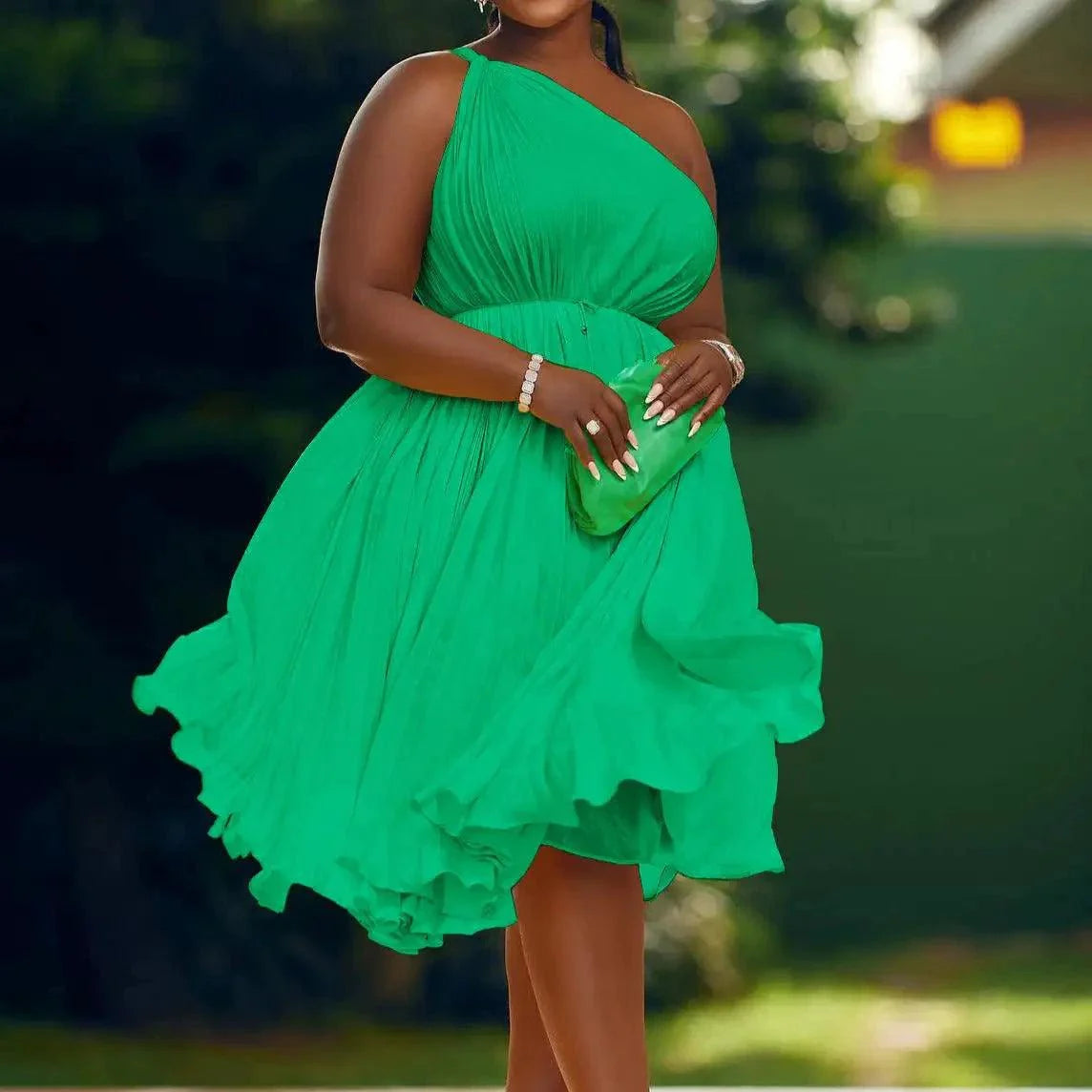 Luxe Couture Ruffle Midi Dress with Flowing Pleats