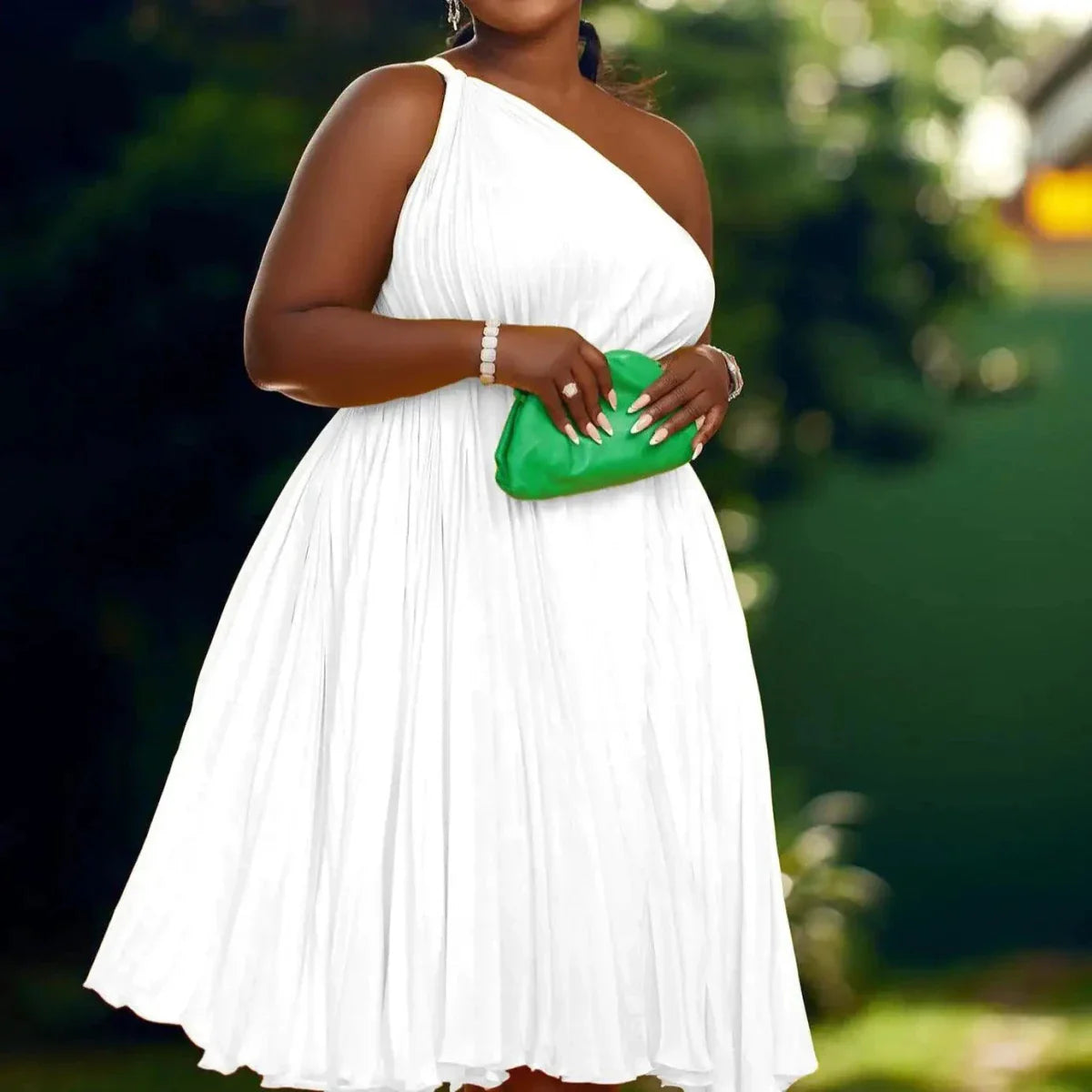 Luxe Couture Ruffle Midi Dress with Flowing Pleats