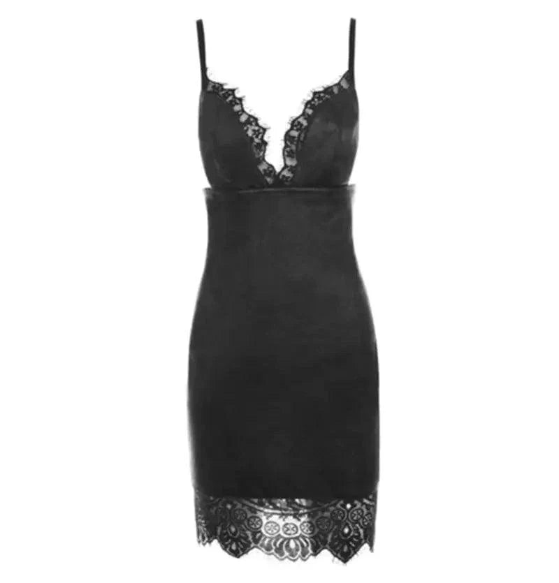 Vestido Mini Bodycon de PU de MANDOTOS con Apliques de Encaje