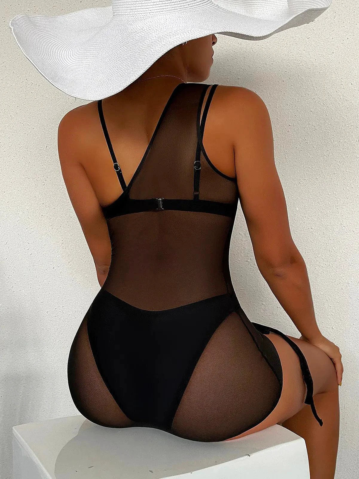 Mandotos Chic Black Mesh One Shoulder Beach Cover Up