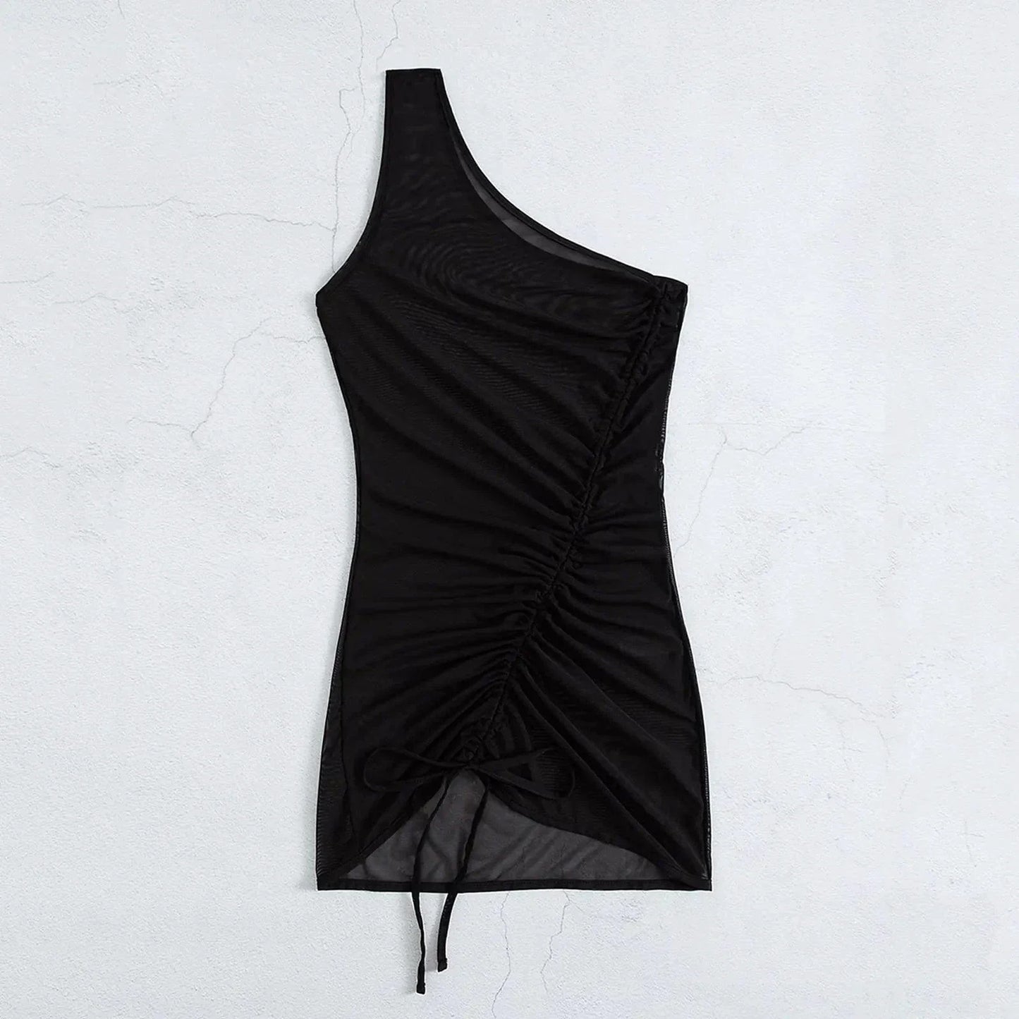 Mandotos Chic Black Mesh One Shoulder Beach Cover Up
