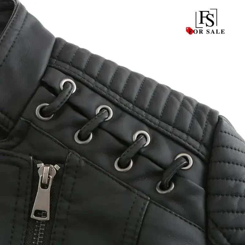 Manteau en Cuir Noir Chic Féminin Mandotos avec Détails de Style Biker